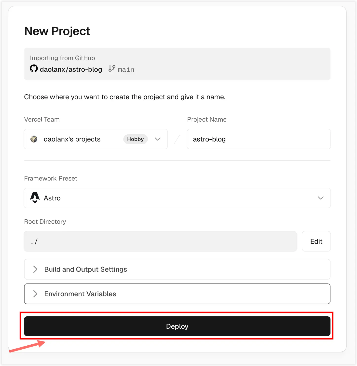 Vercel project deployment